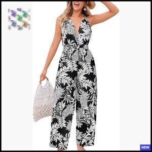 Tropical Floral Jumpsuit V Neck Sleeveless Wide Leg Casual Summer Romper